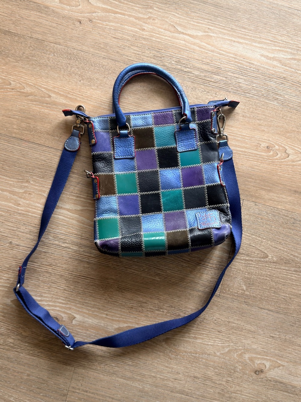 Multicolor Patchwork Leather Crossbody Bag with Blue Strap